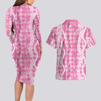 Hawaiian Ohia Lehua Lei Couples Matching Long Sleeve Bodycon Dress and Hawaiian Shirt Plaid Palaka Akala Pattern - Polynesian Pride