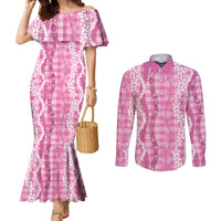 Hawaiian Ohia Lehua Lei Couples Matching Mermaid Dress and Long Sleeve Button Shirt Plaid Palaka Akala Pattern - Polynesian Pride