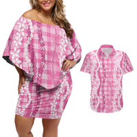 Hawaiian Ohia Lehua Lei Couples Matching Off Shoulder Short Dress and Hawaiian Shirt Plaid Palaka Akala Pattern - Polynesian Pride