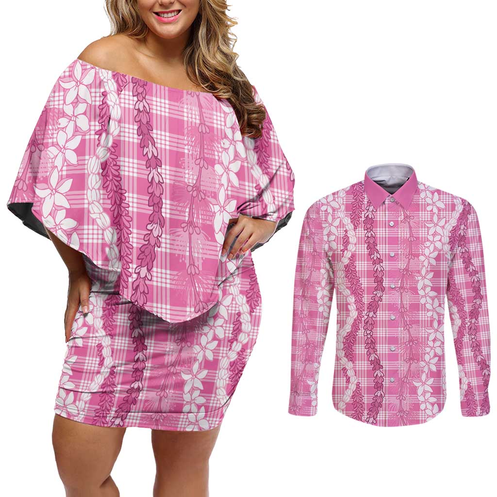Hawaiian Ohia Lehua Lei Couples Matching Off Shoulder Short Dress and Long Sleeve Button Shirt Plaid Palaka Akala Pattern - Polynesian Pride