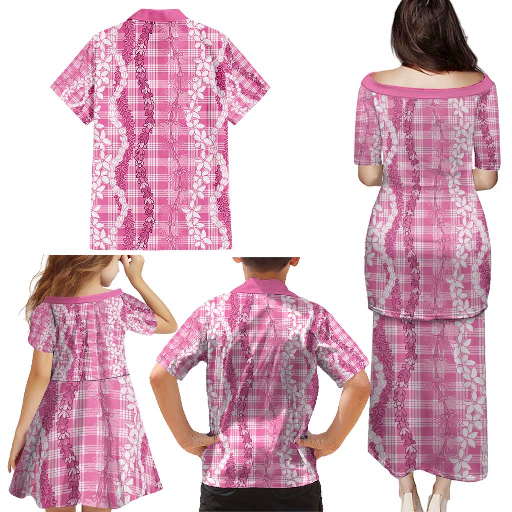 Hawaiian Ohia Lehua Lei Family Matching Puletasi and Hawaiian Shirt Plaid Palaka Akala Pattern - Polynesian Pride