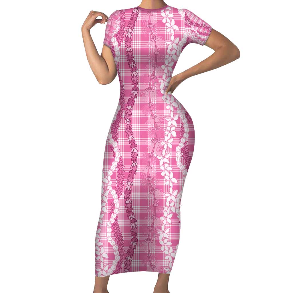 Hawaiian Ohia Lehua Lei Family Matching Short Sleeve Bodycon Dress and Hawaiian Shirt Plaid Palaka Akala Pattern - Polynesian Pride