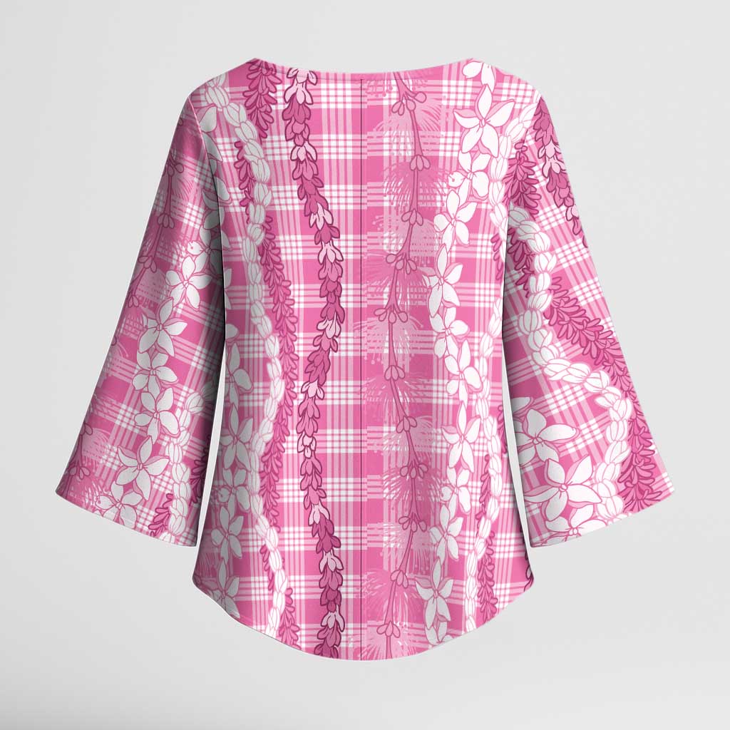 Hawaiian Ohia Lehua Lei Kimono Sleeve Blouse Plaid Palaka Akala Pattern - Polynesian Pride