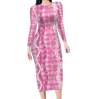 Hawaiian Ohia Lehua Lei Long Sleeve Bodycon Dress Plaid Palaka Akala Pattern - Polynesian Pride