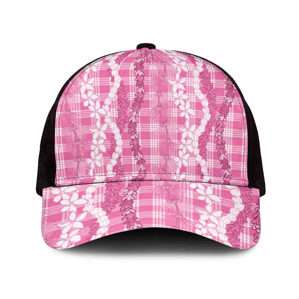 Hawaiian Ohia Lehua Lei Mesh Trucker Cap Plaid Palaka Akala Pattern - Polynesian Pride