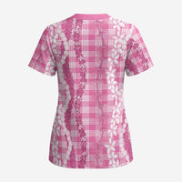 Hawaiian Ohia Lehua Lei Scrub Top Plaid Palaka Akala Pattern - Polynesian Pride