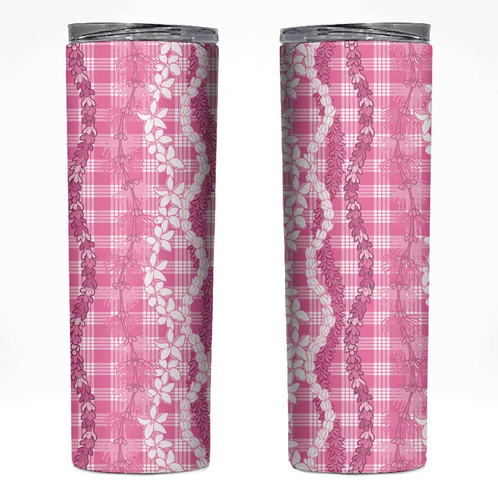 Hawaiian Ohia Lehua Lei Skinny Tumbler Plaid Palaka Akala Pattern - Polynesian Pride