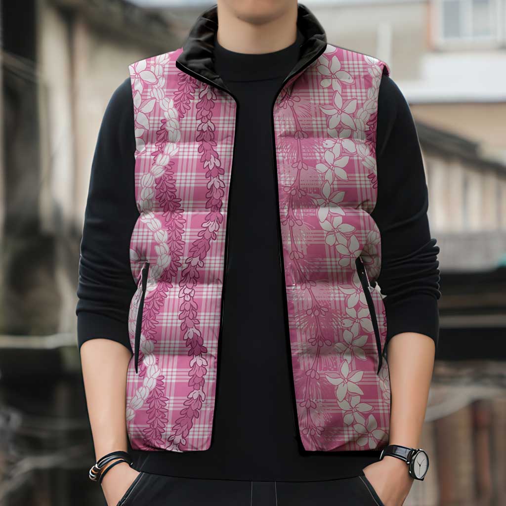 Hawaiian Ohia Lehua Lei Sleeveless Puffer Jacket Plaid Palaka Akala Pattern - Polynesian Pride