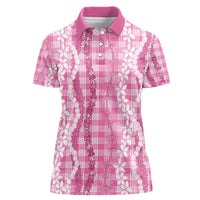 Hawaiian Ohia Lehua Lei Women Polo Shirt Plaid Palaka Akala Pattern - Polynesian Pride