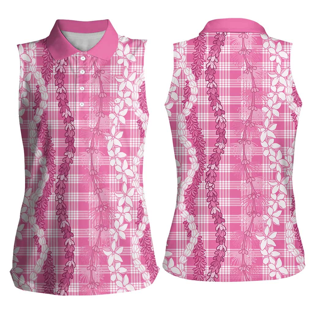 Hawaiian Ohia Lehua Lei Women Sleeveless Polo Shirt Plaid Palaka Akala Pattern - Polynesian Pride