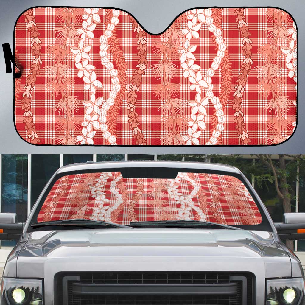 Hawaiian Ohia Lehua Lei Auto Sun Shade Plaid Palaka Ulaula Pattern - Polynesian Pride