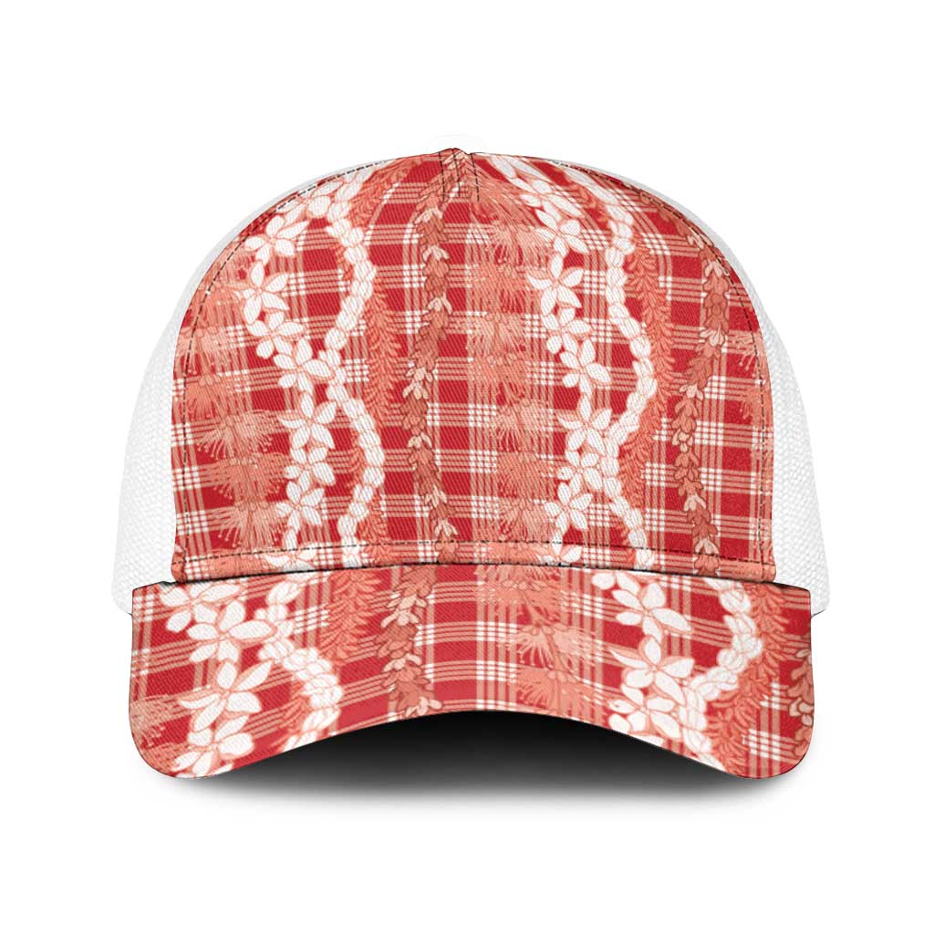 Hawaiian Ohia Lehua Lei Baseball Net Cap Plaid Palaka Ulaula Pattern - Polynesian Pride