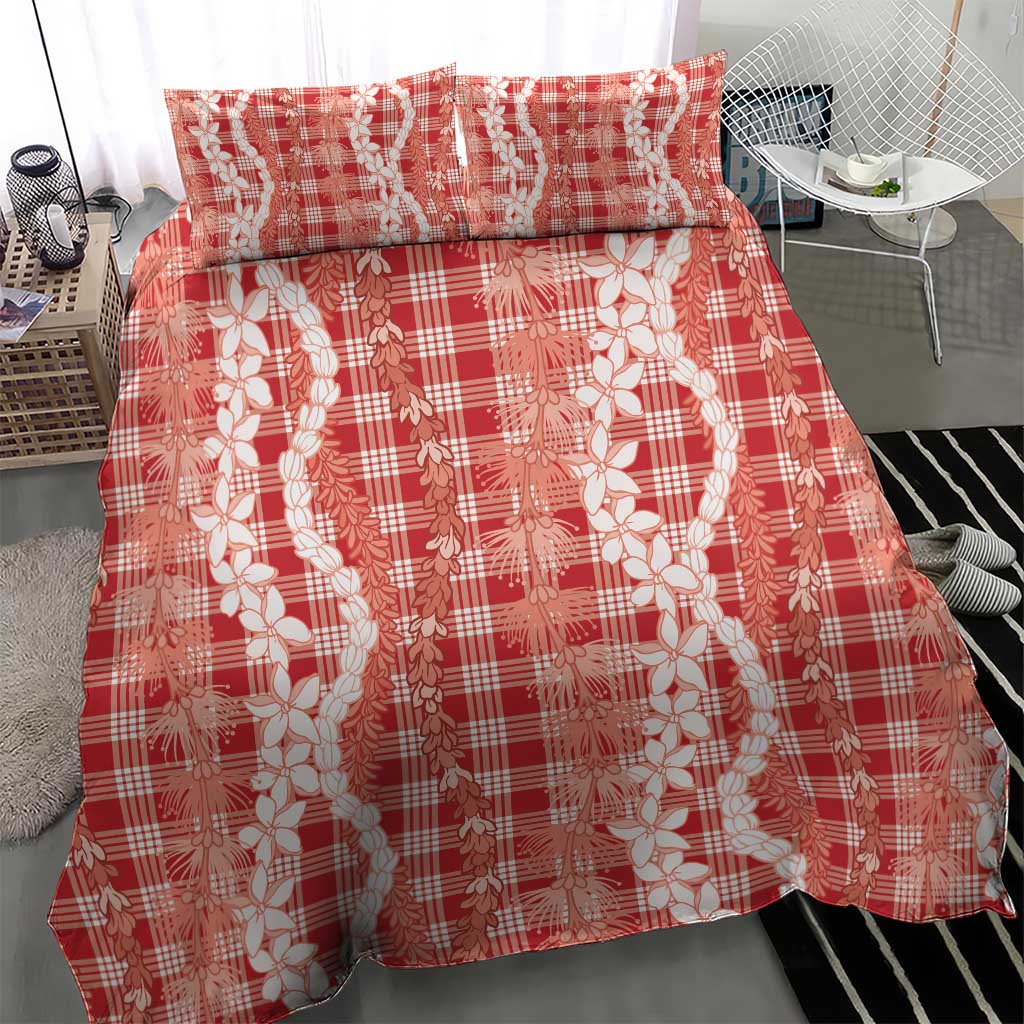 Hawaiian Ohia Lehua Lei Bedding Set Plaid Palaka Ulaula Pattern - Polynesian Pride