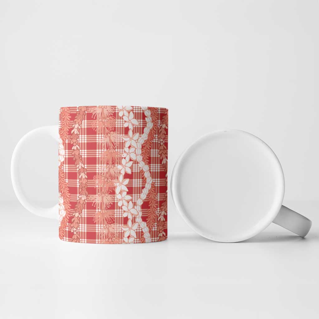 Hawaiian Ohia Lehua Lei Ceramic Mug Plaid Palaka Ulaula Pattern - Polynesian Pride