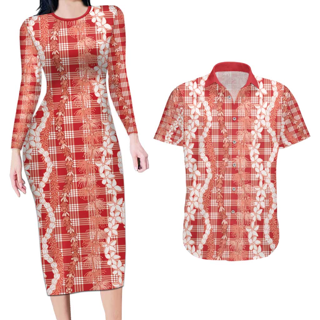 Hawaiian Ohia Lehua Lei Couples Matching Long Sleeve Bodycon Dress and Hawaiian Shirt Plaid Palaka Ulaula Pattern - Polynesian Pride
