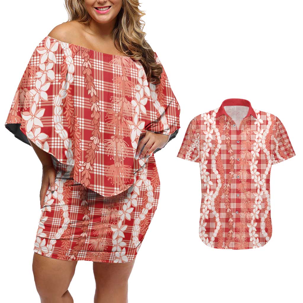 Hawaiian Ohia Lehua Lei Couples Matching Off Shoulder Short Dress and Hawaiian Shirt Plaid Palaka Ulaula Pattern - Polynesian Pride
