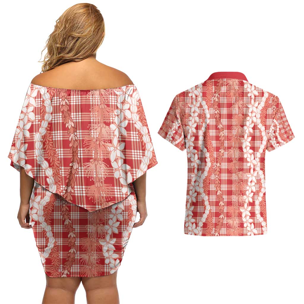 Hawaiian Ohia Lehua Lei Couples Matching Off Shoulder Short Dress and Hawaiian Shirt Plaid Palaka Ulaula Pattern - Polynesian Pride