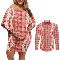Hawaiian Ohia Lehua Lei Couples Matching Off Shoulder Short Dress and Long Sleeve Button Shirt Plaid Palaka Ulaula Pattern - Polynesian Pride