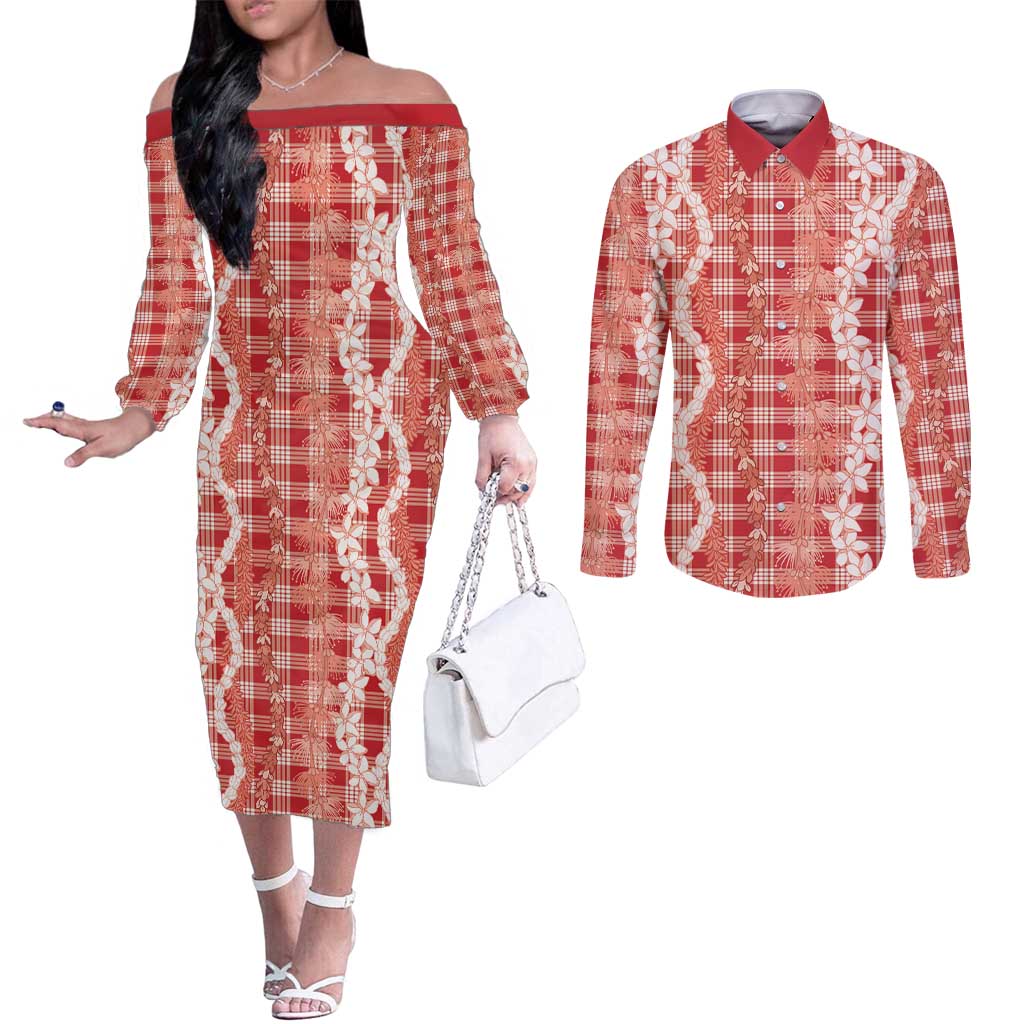 Hawaiian Ohia Lehua Lei Couples Matching Off The Shoulder Long Sleeve Dress and Long Sleeve Button Shirt Plaid Palaka Ulaula Pattern - Polynesian Pride