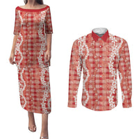 Hawaiian Ohia Lehua Lei Couples Matching Puletasi and Long Sleeve Button Shirt Plaid Palaka Ulaula Pattern - Polynesian Pride