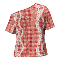 Hawaiian Ohia Lehua Lei Cross Shoulder Shirt Plaid Palaka Ulaula Pattern - Polynesian Pride