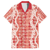 Hawaiian Ohia Lehua Lei Family Matching Off The Shoulder Long Sleeve Dress and Hawaiian Shirt Plaid Palaka Ulaula Pattern - Polynesian Pride
