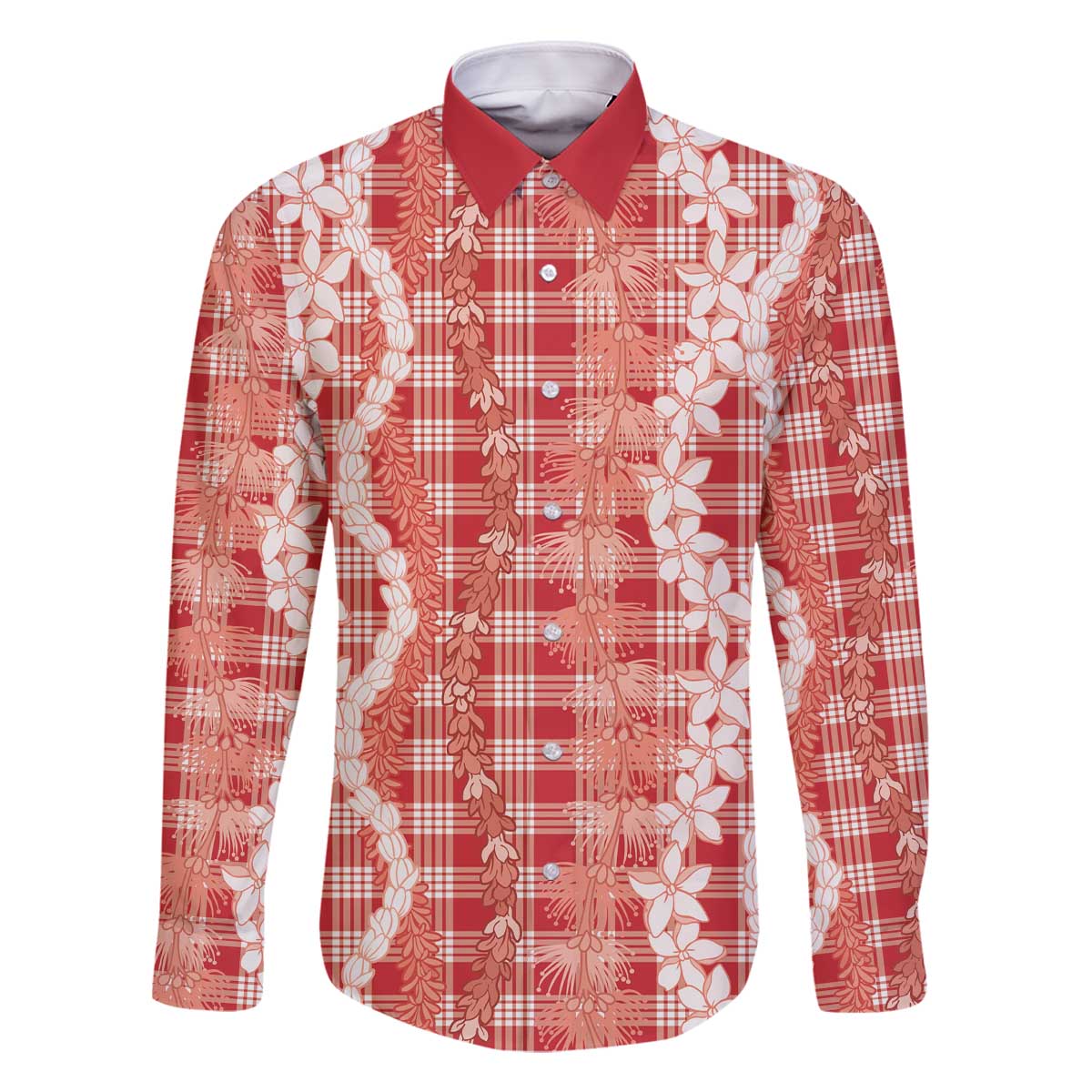 Hawaiian Ohia Lehua Lei Family Matching Off The Shoulder Long Sleeve Dress and Hawaiian Shirt Plaid Palaka Ulaula Pattern - Polynesian Pride