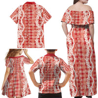 Hawaiian Ohia Lehua Lei Family Matching Off Shoulder Maxi Dress and Hawaiian Shirt Plaid Palaka Ulaula Pattern - Polynesian Pride