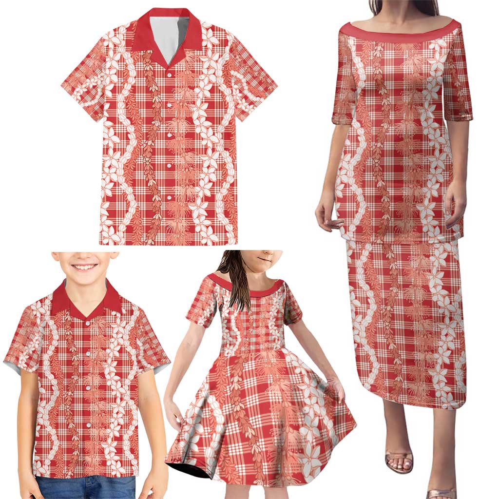 Hawaiian Ohia Lehua Lei Family Matching Puletasi and Hawaiian Shirt Plaid Palaka Ulaula Pattern - Polynesian Pride