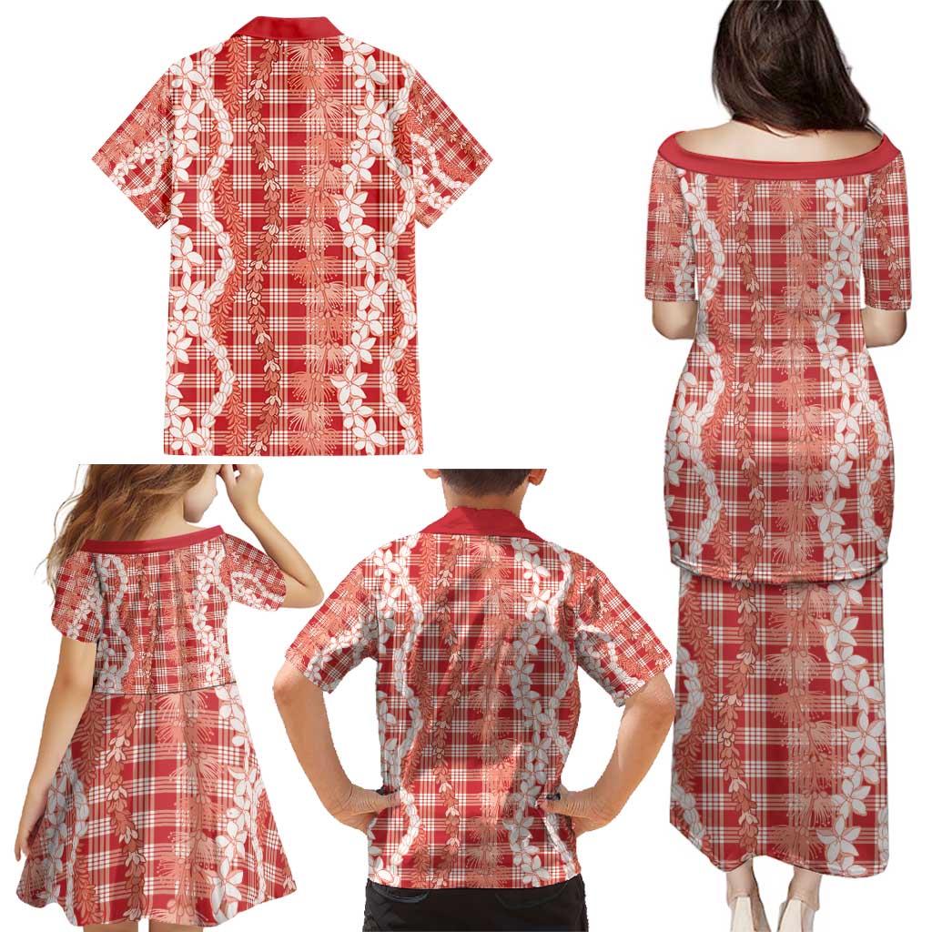 Hawaiian Ohia Lehua Lei Family Matching Puletasi and Hawaiian Shirt Plaid Palaka Ulaula Pattern - Polynesian Pride