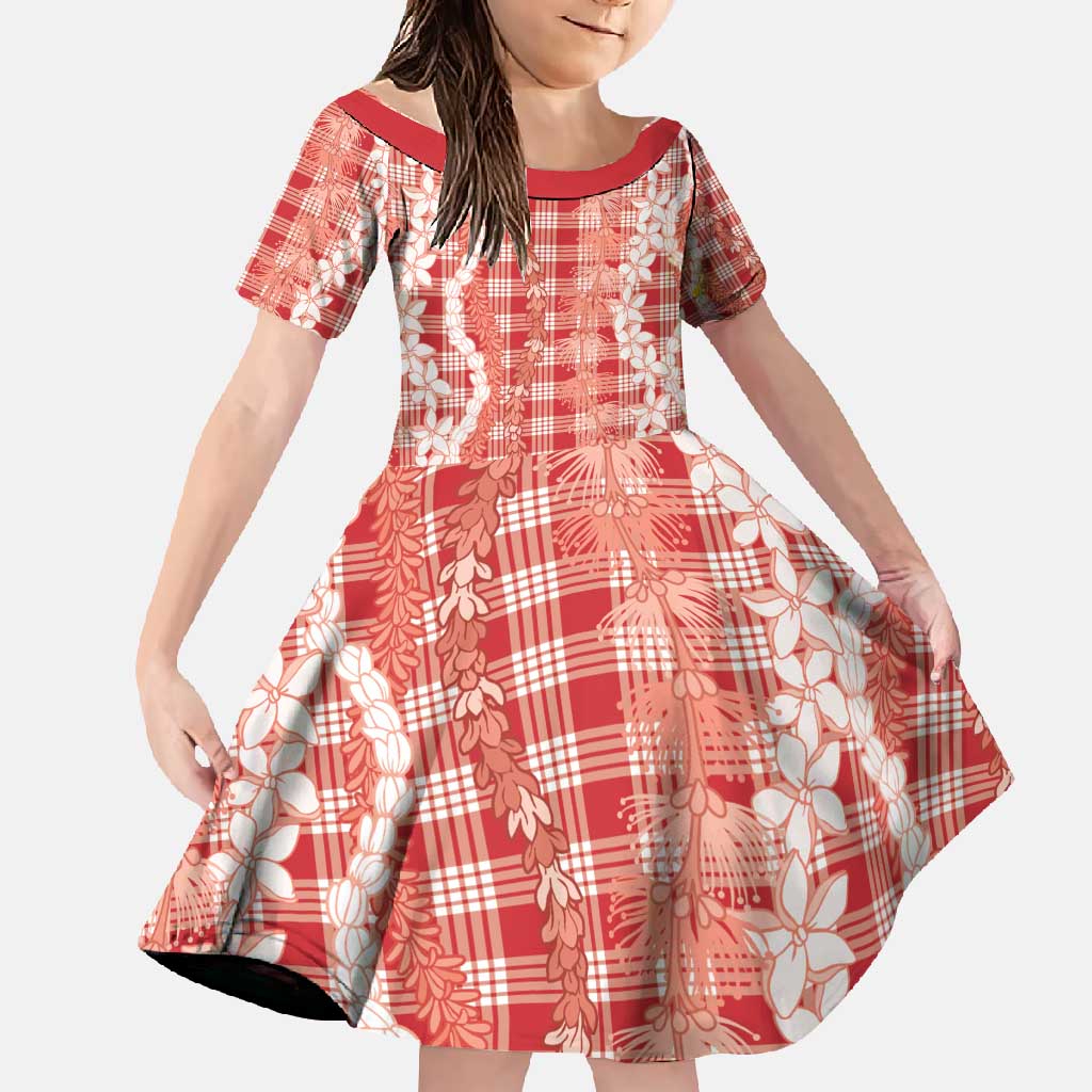 Hawaiian Ohia Lehua Lei Family Matching Short Sleeve Bodycon Dress and Hawaiian Shirt Plaid Palaka Ulaula Pattern - Polynesian Pride