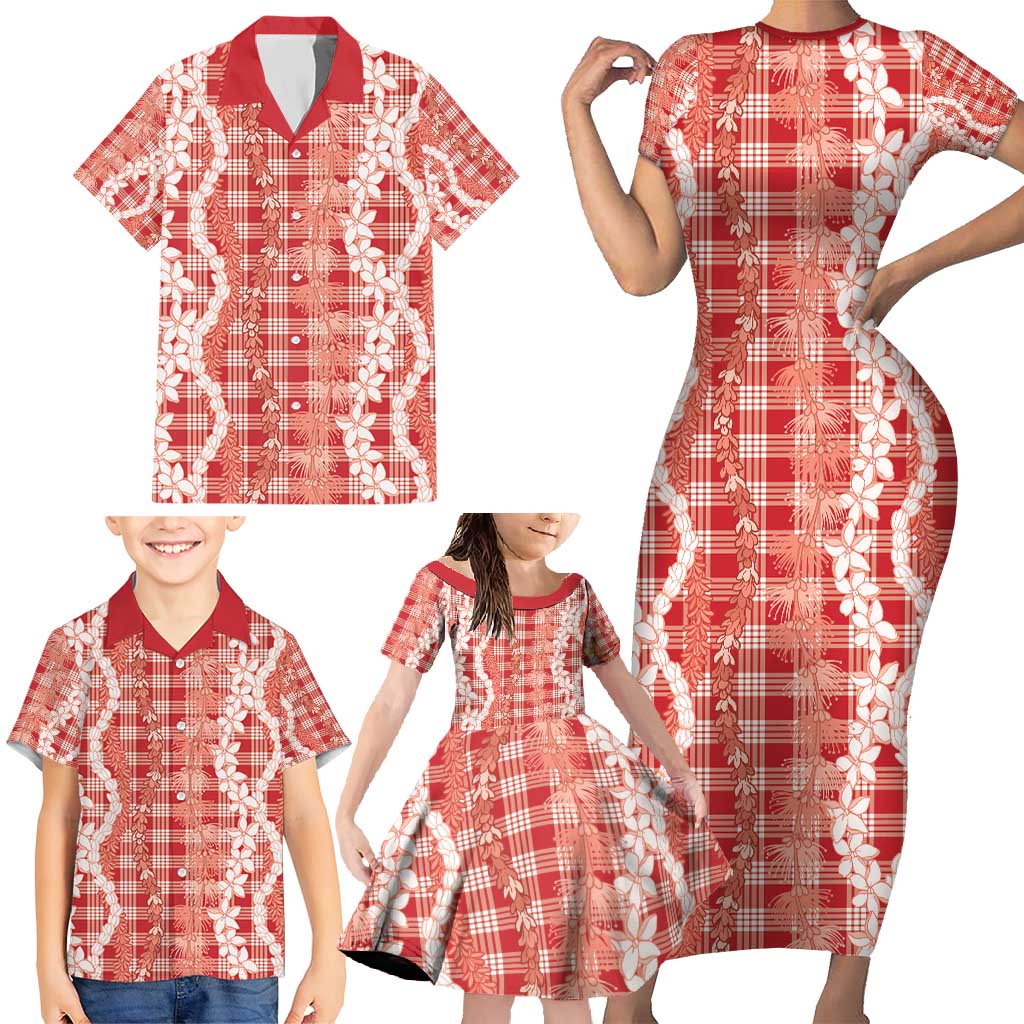 Hawaiian Ohia Lehua Lei Family Matching Short Sleeve Bodycon Dress and Hawaiian Shirt Plaid Palaka Ulaula Pattern - Polynesian Pride