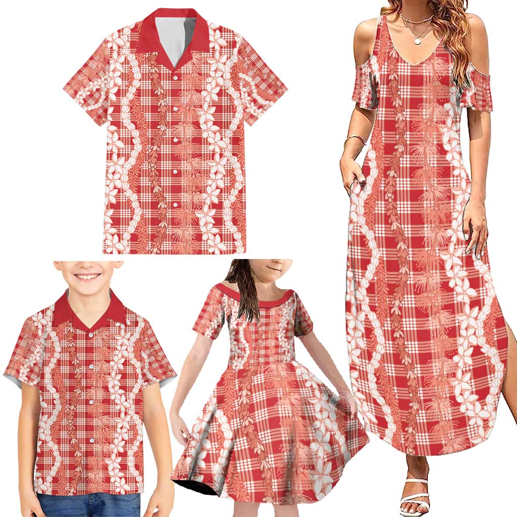 Hawaiian Ohia Lehua Lei Family Matching Summer Maxi Dress and Hawaiian Shirt Plaid Palaka Ulaula Pattern - Polynesian Pride
