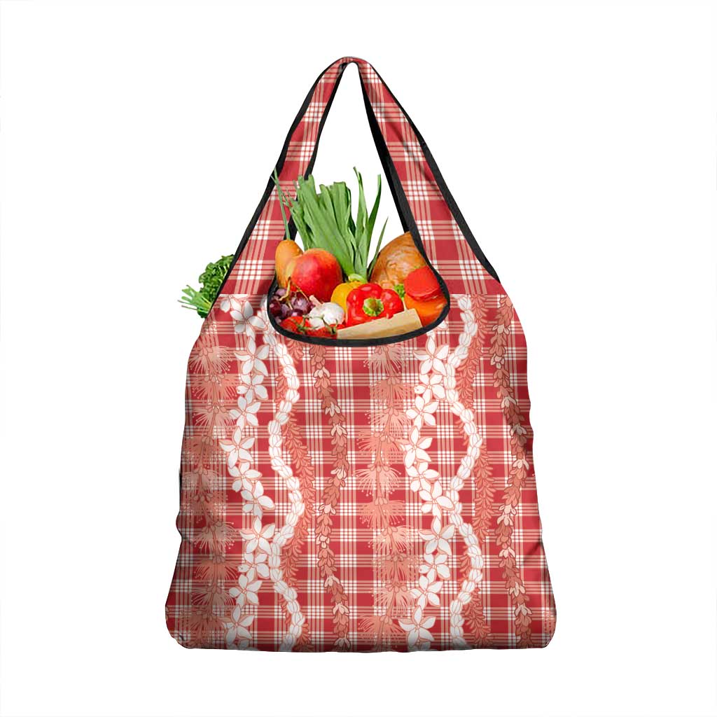 Hawaiian Ohia Lehua Lei Grocery Bag Plaid Palaka Ulaula Pattern - Polynesian Pride