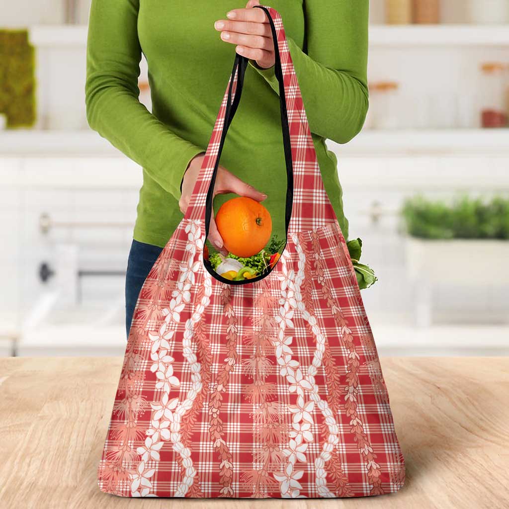 Hawaiian Ohia Lehua Lei Grocery Bag Plaid Palaka Ulaula Pattern - Polynesian Pride