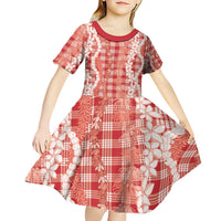 Hawaiian Ohia Lehua Lei Kid Short Sleeve Dress Plaid Palaka Ulaula Pattern - Polynesian Pride