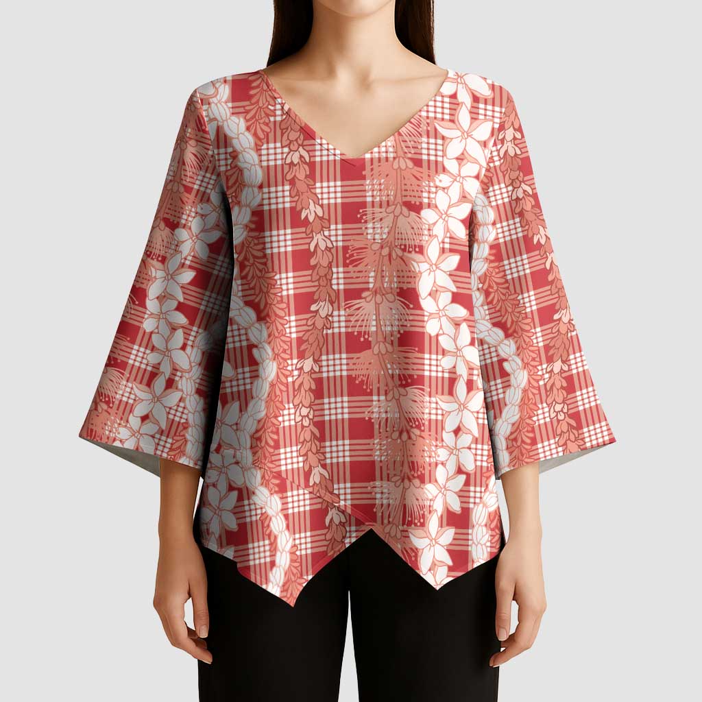 Hawaiian Ohia Lehua Lei Kimono Sleeve Blouse Plaid Palaka Ulaula Pattern - Polynesian Pride