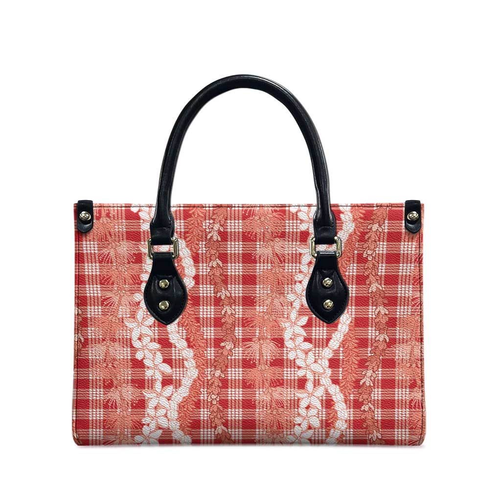 Hawaiian Ohia Lehua Lei Leather Bag Plaid Palaka Ulaula Pattern - Polynesian Pride