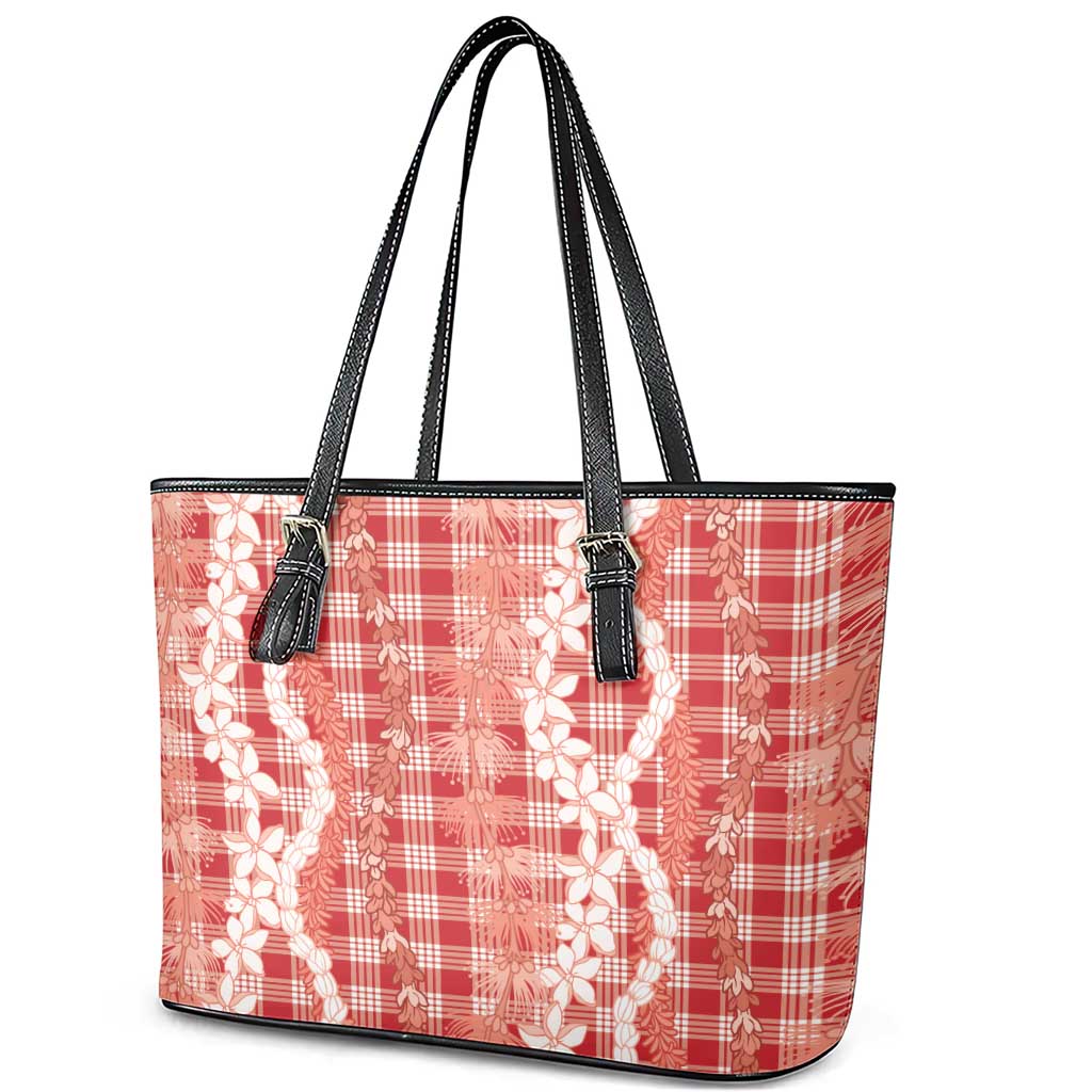 Hawaiian Ohia Lehua Lei Leather Tote Bag Plaid Palaka Ulaula Pattern - Polynesian Pride