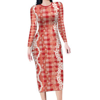 Hawaiian Ohia Lehua Lei Long Sleeve Bodycon Dress Plaid Palaka Ulaula Pattern - Polynesian Pride