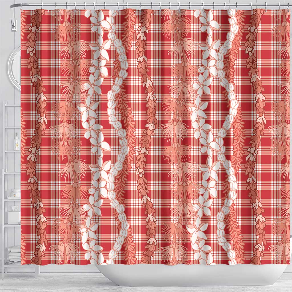 Hawaiian Ohia Lehua Lei Shower Curtain Plaid Palaka Ulaula Pattern - Polynesian Pride