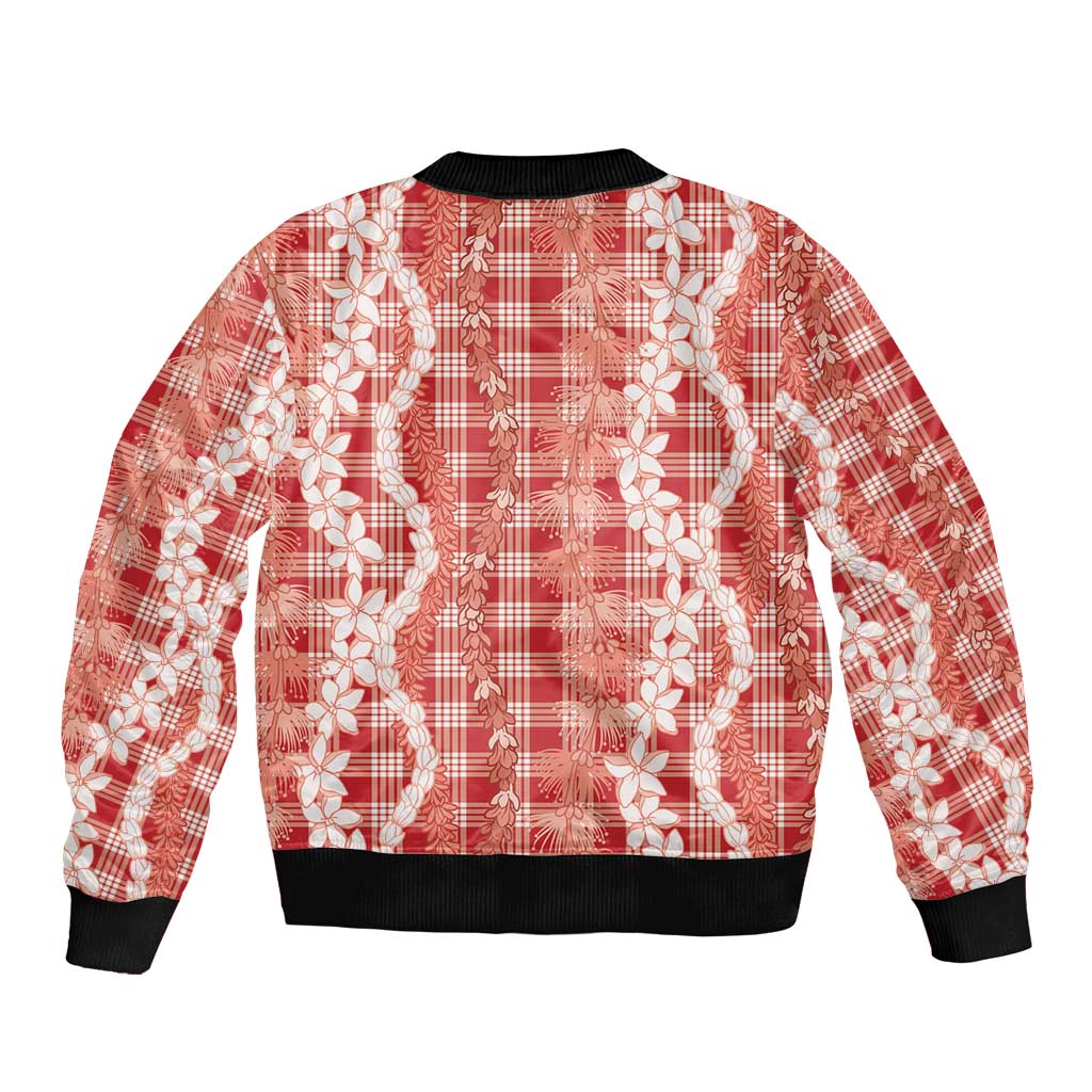 Hawaiian Ohia Lehua Lei Sleeve Zip Bomber Jacket Plaid Palaka Ulaula Pattern - Polynesian Pride