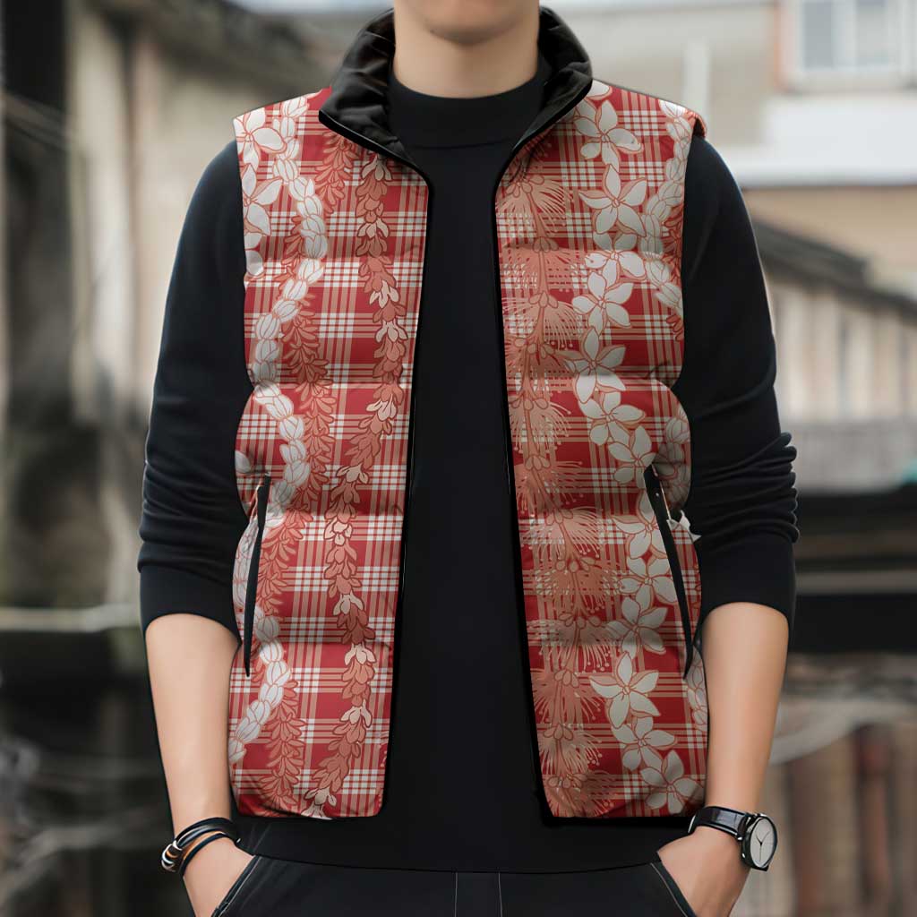 Hawaiian Ohia Lehua Lei Sleeveless Puffer Jacket Plaid Palaka Ulaula Pattern - Polynesian Pride