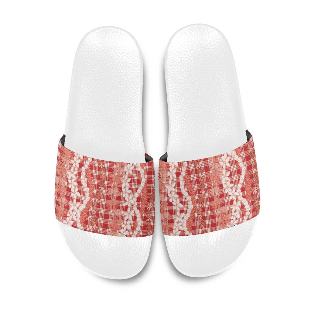 Hawaiian Ohia Lehua Lei Slide Sandals Plaid Palaka Ulaula Pattern - Polynesian Pride