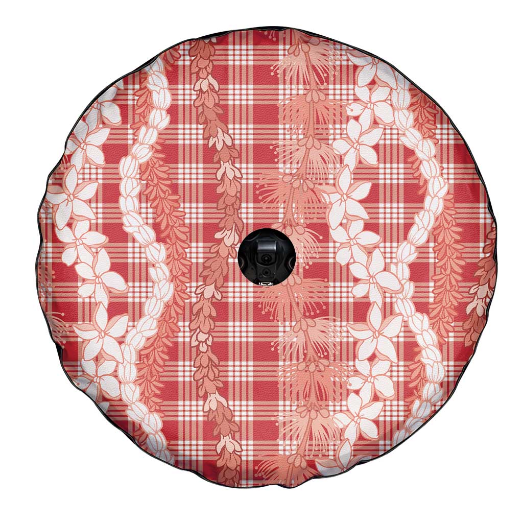 Hawaiian Ohia Lehua Lei Spare Tire Cover Plaid Palaka Ulaula Pattern - Polynesian Pride