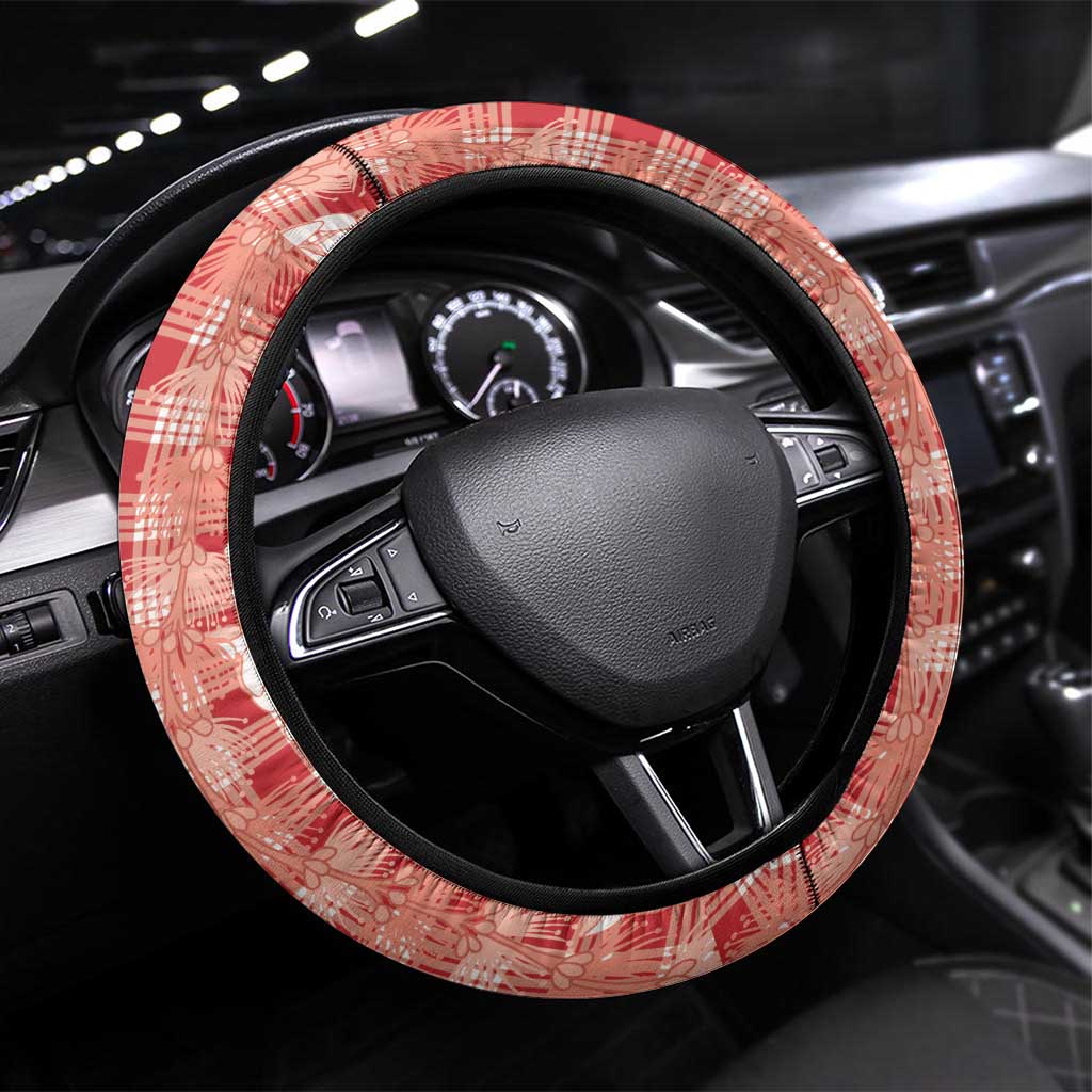 Hawaiian Ohia Lehua Lei Steering Wheel Cover Plaid Palaka Ulaula Pattern - Polynesian Pride