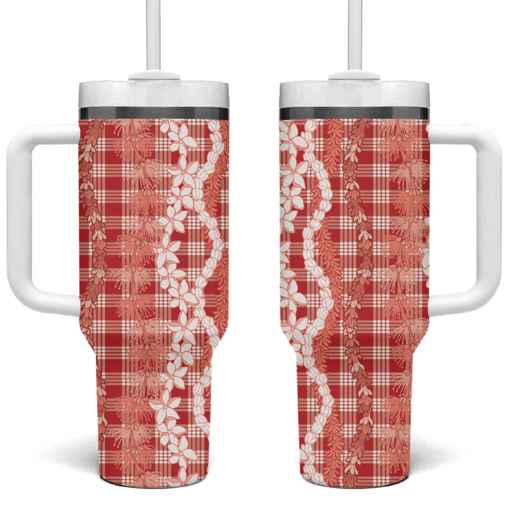 Hawaiian Ohia Lehua Lei Tumbler With Handle Plaid Palaka Ulaula Pattern - Polynesian Pride