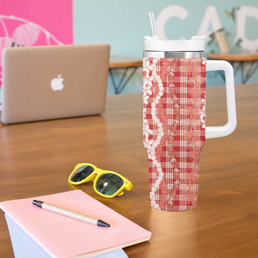 Hawaiian Ohia Lehua Lei Tumbler With Handle Plaid Palaka Ulaula Pattern - Polynesian Pride