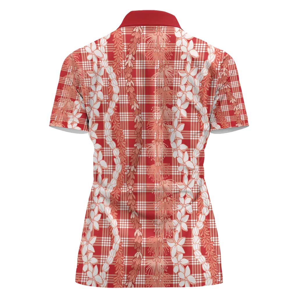 Hawaiian Ohia Lehua Lei Women Polo Shirt Plaid Palaka Ulaula Pattern - Polynesian Pride