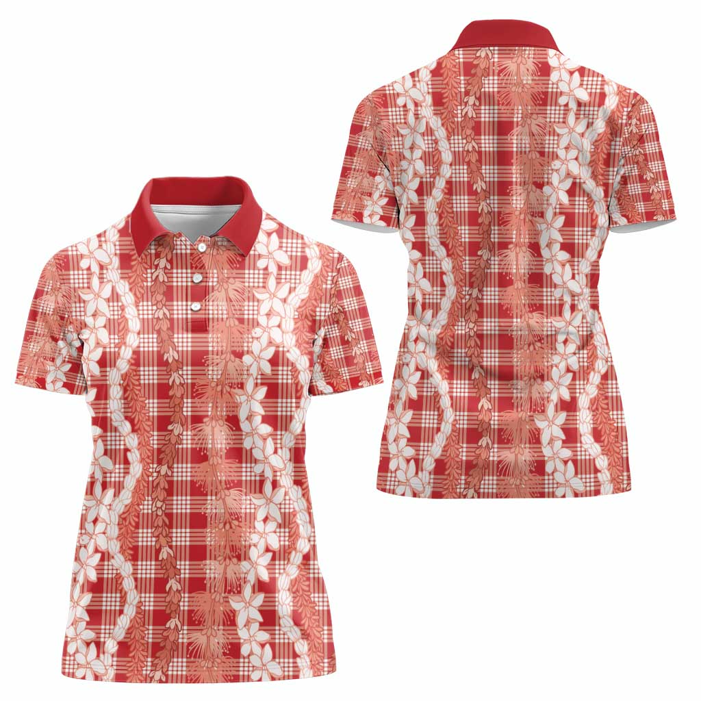 Hawaiian Ohia Lehua Lei Women Polo Shirt Plaid Palaka Ulaula Pattern - Polynesian Pride
